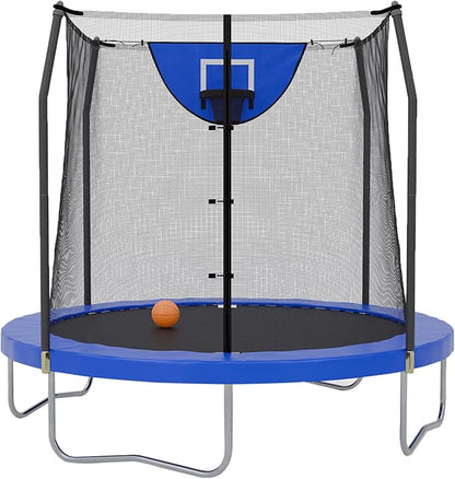 Skywalker Trampoline Outdoor 8 FT, 12 FT, 15 FT Jump N’ Dunk Round Outdoor Trampoline with Net, Trampoline Mat, and Basketball Hoop for Trampoline