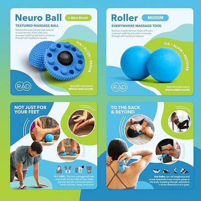 RAD Back Relief Massage Set ??Myofascial Release Bundle for Back Pain, Muscle Recovery, and Mobility - Includes Exercise Foam Rollers, XL Peanut Massage Ball, and Neuro Ball Foot Roller