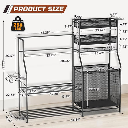 Garage Sports Equipment Organizer,3 Golf Bags Storage Stand,Heavy-Duty Ball Storage Rack with Basket and Hooks,Space-Saving Design for Toy Sports Gear Storage Indoor/Outdoor Use (Black)