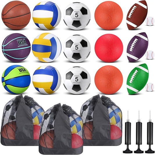 Leyndo 18 Pcs Sport Balls Bulk Set Basketball Football Volleyball Soccer Playground Baseball with