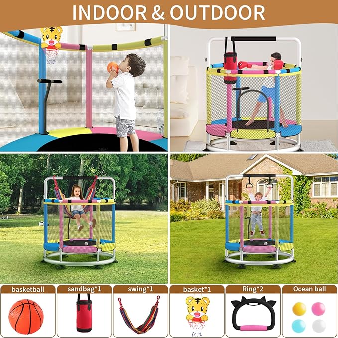 Trampoline for Kids, Adjustable Baby Toddler Trampoline with Basketball Hoop, Round Bottom Indoor Outdoor Toddler with Enclosure
