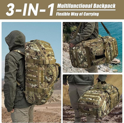 65L Large Duffle Bag, 3-in-1 Tactical Backpack MOLLE Pack for Sports, Gym, Outdoor, CP