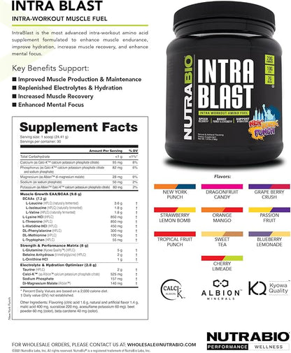 NutraBio Intra Blast Bcaa Powder Amino Acid Supplement, Electrolyte & Hydration Blend, Intra, Pre Workout & Muscle Recovery, 20g Eaa Amino Acids Powder, 5g Glutamine- Dragonfruit Candy, 30 Serving