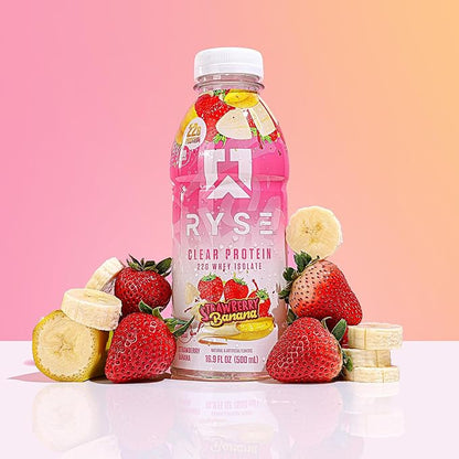 RYSE Clear Protein Shake - Strawberry Banana - 100 Calories, 22g Whey Isolate Protein, Sugar-Free, 0g Fat & Lactose-Free - Refreshing Ready-to-Drink Beverage - 16.9 fl oz Bottles (12-Pack)