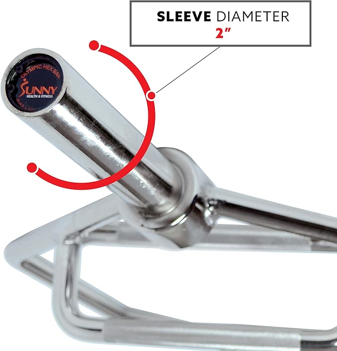 Sunny Health & Fitness Strength Training Olympic Hex Bar Barbell, High Load Capacity, Swivel Handles, Safety Clips, Knurled Handles for Deadlifts, Shoulder Presses, Shrugs, Back Rows, Weightlifting