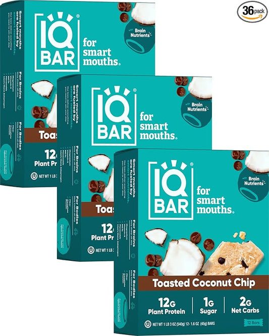 IQBAR Brain and Body Plant Protein Bars - Toasted Coconut Chip - 36-Count Low Carb - Gluten Free