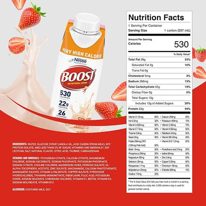 Boost Very High Calorie Strawberry Nutritional Drink ??22g Protein, 530 Nutrient Rich Calories, 8 Fl Oz (Pack of 24)