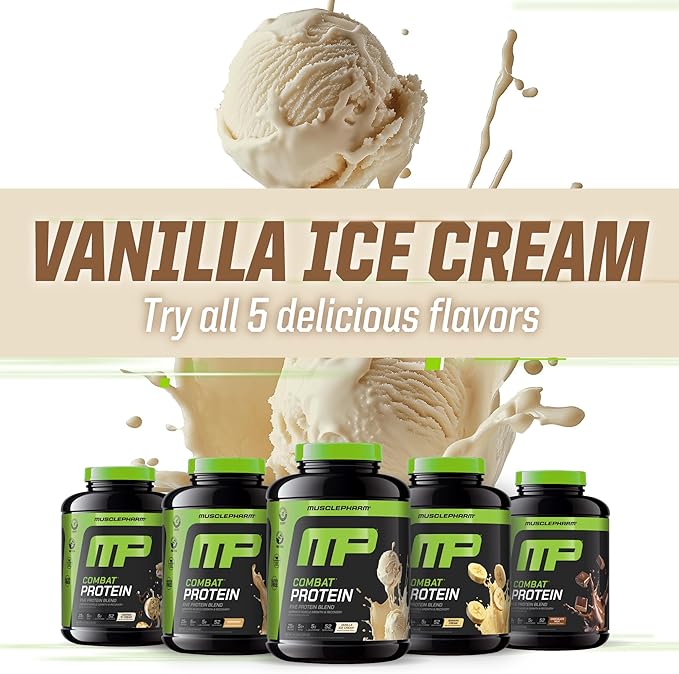 MusclePharm Combat Protein Powder, Vanilla Flavor, Fuels Muscles for Productive Workouts, 5 Protein Sources including Whey Protein Isolate & Egg Albumin, Gluten Free, 4 lb, 52 Servings