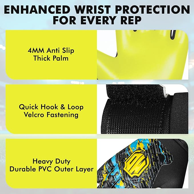 Soccer Goalkeeper Gloves, Double Wrist Protection, Anti-Slip Palm, Youth Kids Size, Black/Yellow/Blue