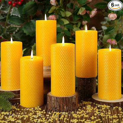 6 Pack Natural Beeswax Pillar Candles,2.8x6in Handmade Beeswax Rolled Candles,258 Hours Long Burning Honeycomb Bees Wax Candle for Gift & Home Decor,Dripless Smokeless Unscented
