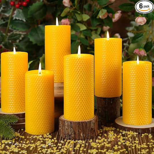 6 Pack Natural Beeswax Pillar Candles,2.8x6in Handmade Beeswax Rolled Candles,258 Hours Long Burning Honeycomb Bees Wax Candle for Gift & Home Decor,Dripless Smokeless Unscented