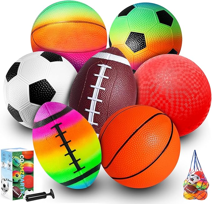 8.5 Inch Sports Balls Set 7 Pack,Playground Balls for Kids&Adults, Includes Soccer Ball, Basketball, and Football,Rainbow Ball for Outdoor & Indoor Games, Boys and Girls Gift with Gift Box