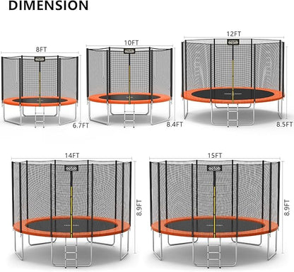 AOTOB 8FT 10FT 12FT 14 FT 15FT Trampoline with Safety Enclosure Net，Outdoor Trampoline with Basketball Hoop, Heavy Duty Jumping Mat and Spring Cover Padding for Kids and Adults, Storage Bag and Ladder