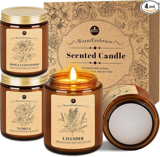 WarmEmbrace Lavender Candles, 4-Pack Scented Candle Set for Women, 7.6 oz Natural Organic Soy Wax