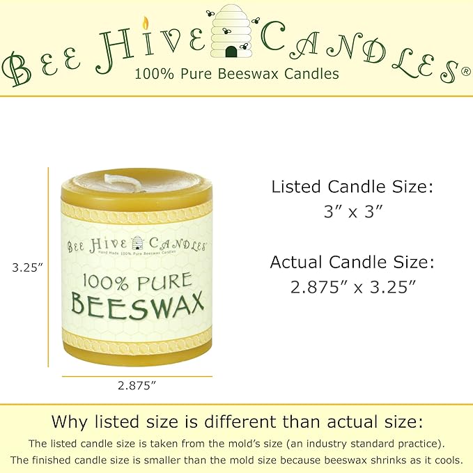 100% Pure Beeswax Pillar Candle (3" x 3") | Natural Beeswax Candles | Soy, Paraffin & Fragrance Free | Handmade in The USA