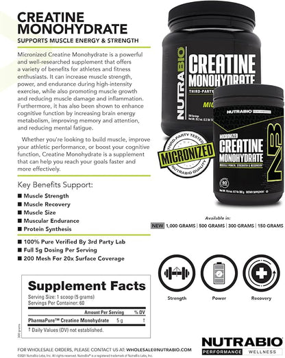 NutraBio Pure Micronized Creatine Monohydrate Powder Supplement, Unflavored, (1000 g) - Supports Bulk Muscle Energy, Recovery, and Strength - HPLC Tested Creatine Powder Supplement for Men and Women