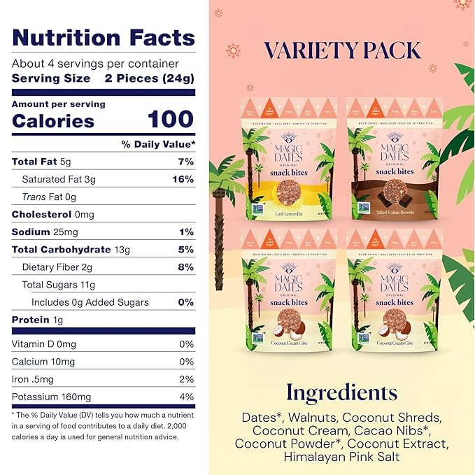 MAGICDATES Date Snack Bites | Variety Pack – 4 Bags (16 Servings) | Medjool Dates | Gluten-Free | Vegan | Paleo | No Added Sugar | Plant-Based Snack Bites | Healthy On-the-Go Snack | Grown in California