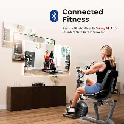 Sunny Health & Fitness Smart Indoor Recumbent Bike Trainer, Home Full Body Workout & Cardio Cycling Machine for Seniors, Free SunnyFit Bluetooth Connect, Optional Arm Exerciser Hand Cycle & Bands