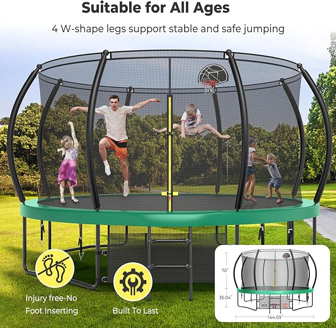 12 14 15 16FT Trampoline Outdoor with Basketball Hoop, Trampoline with Lights for Kids and Adults, Recreational Trampolin with Sprinkler, Stakes