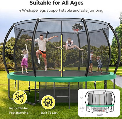 12 14 15 16FT Trampoline Outdoor with Basketball Hoop, Trampoline with Lights for Kids and Adults, Recreational Trampolin with Sprinkler, Stakes