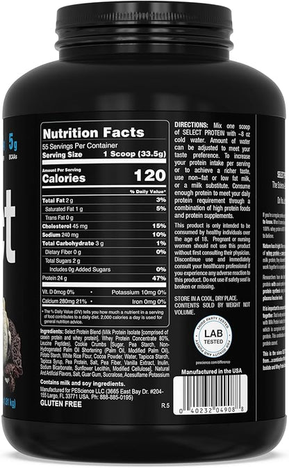 PEScience Select Protein Powder, Whey and Casein Blend, Clean Protein Powder for Women and Men, Low Calorie, Low Carb, Keto Friendly, Gluten Free - Cookies and Cream - 55 Servings