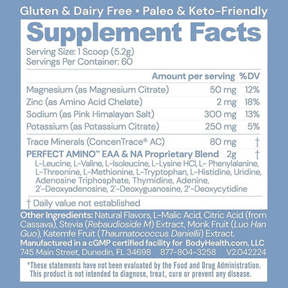 BodyHealth PerfectAmino Electrolytes Powder No Sugar, Keto Sugar Free Fasting Electrolytes Drink Mix, Hydration Powder with Trace Minerals - Watermelon - 60 Servings
