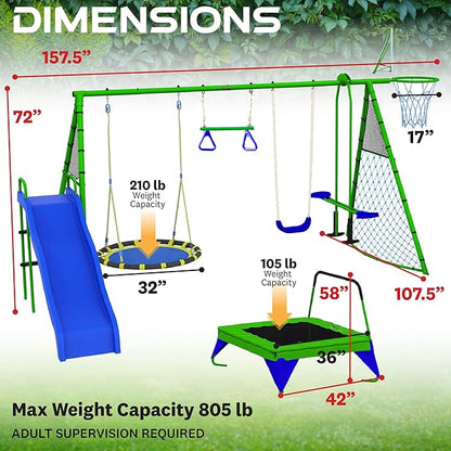 Sports Outdoor 8 Station Playground Set, Includes Swing Set, Slide, Monkey Bars, Basketball Hoop, Trampoline, Soccer and Basketball + Pump, Green