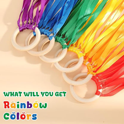 Deekin 12 Pcs Rainbow Ribbon Wooden Waldorf Toys Creative Waldorf Hand Kite Set Streamers with Wood Ring Sensory Learning Educational Toy for Playroom Dancing Birthday(Stylish Color)
