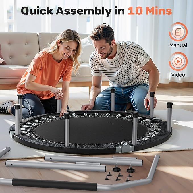 BCAN 40/48" Foldable Mini Trampoline Max Load 330lbs/440lbs, Fitness Rebounder with Adjustable Foam Handle, Exercise Trampoline for Adults Indoor/Garden Workout