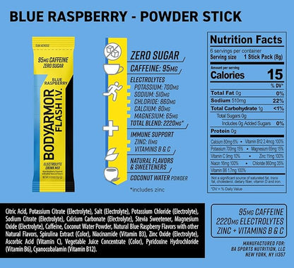 BODYARMOR Caffeinated Flash I.V. Electrolyte Packets Blue Raspberry - Zero Sugar Energy Drink Mix, Single Serve Packs, Hydration for Pre Workout, Travel Essentials, Active Lifestyle (6 Count)