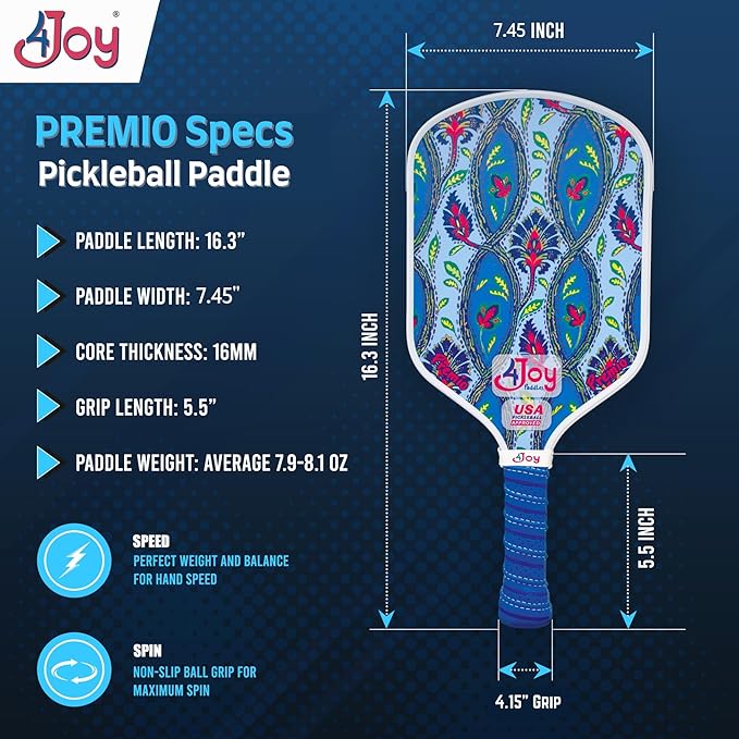 4Joy Pickleball Paddle Premio Series - Thermoformed Premium T700 Carbon Fiber Pickleball Paddless - Professional Pickleball Rackets for Women & Men - 16mm Honeycomb Core - USAP Approved