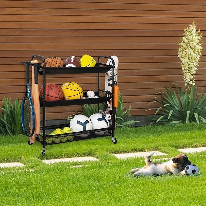 STORAGE MANIAC Basketball Rack 3-Shelf Training Stand Ball Holder Sports Ball Cart Garage Organizer Ball Basket Storage, Ball Rack for Garage or Gym, Indoor & Outdoor Sports Equipment Organizer