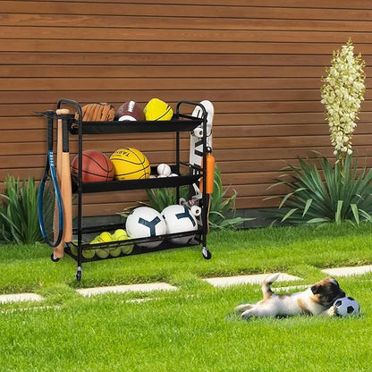 STORAGE MANIAC Basketball Rack 3-Shelf Training Stand Ball Holder Sports Ball Cart Garage Organizer Ball Basket Storage, Ball Rack for Garage or Gym, Indoor & Outdoor Sports Equipment Organizer