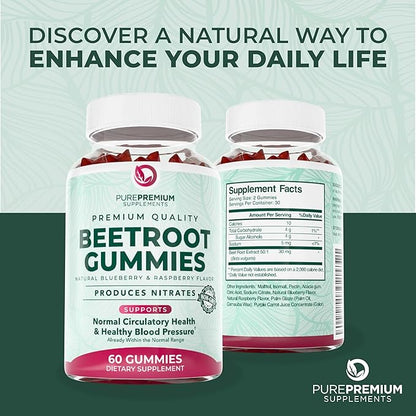 PurePremium Beet Root Gummies - 60 Sugar Free Chews (50:1 Equivalent 1500 mg) - Super Nitric Oxide Beetroot Gummies | Natural Blueberry Flavor - Supplements for Normal Blood Pressure