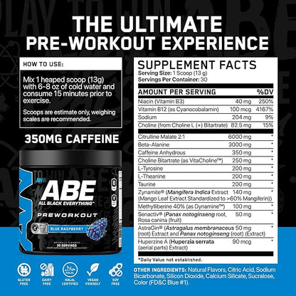 All Black Everything Pre Workout Powder | 30 Servings | Blue Razz | 350mg Caffeine | Nootropic Pre-Workout Blend | Beta Alanine + Citrulline | Energy Supplement for Men and Women