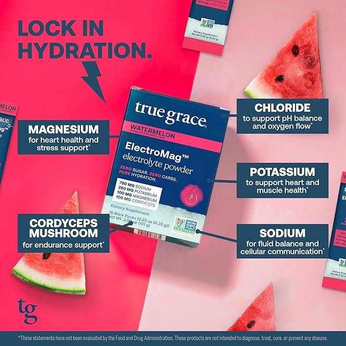 True Grace ElectroMag - 16 Stick Packs - Watermelon - Electrolyte Powder for Rapid Hydration - Sodium, Potassium, Magnesium & Cordyceps - Zero Sugar & Carbs - Non-GMO - 16 Total Servings