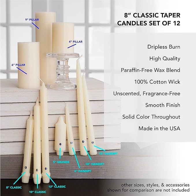 Colonial Candle Unscented Taper Candle, Classic Collection, Limoncello, 8 in, Pack of 12 - Up to 6 Hours Burn