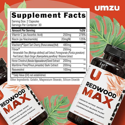 UMZU Redwood Max Nitric Oxide Booster, 1-Month Supply ??Advanced Nitric Oxide Supplement with Fitnox Blend, Pine Bark, Resveratrol & Tart Cherry ??Promotes Healthy Circulation, Energy and Recovery