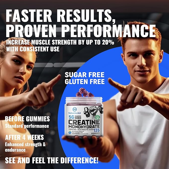 Creatine Monohydrate Gummies (5g) – Pre-Workout Energy & Muscle Growth Support for Men & Women | Blueberry Electrolyte Gummies (135 Count)