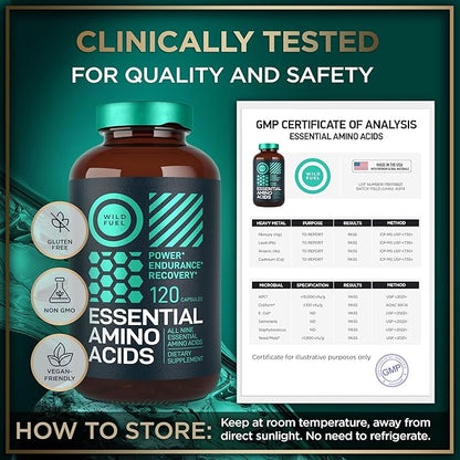 WILD FUEL Essential Amino Acids Supplement for Women and Men - All 9 BCAAs Amino Acid Complex for Power and Recovery - EAA Lysine, Tryptophan, Isoleucine - 2 Pack 240 Vegan BCAA Capsules