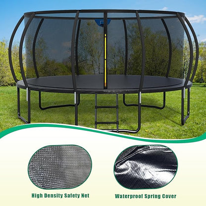 Trampoline 12FT 14FT 15FT 16FT for Kids/Adults - Outdoor Recreational with Enclosure Net Curved Poles and Ladder, Heavy Duty Anti-Rust Coating, ASTM Approval