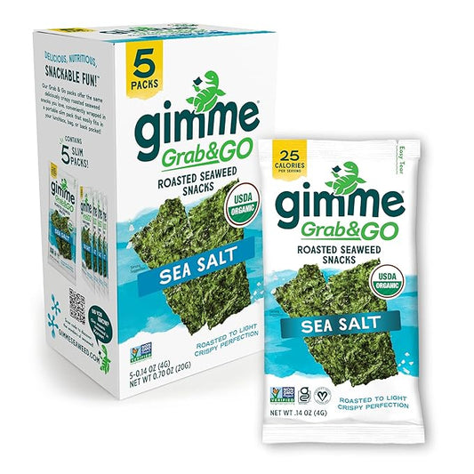 Gimme Seaweed Grab & Go Organic Premium Roasted Seaweed Snacks, Sea Salt, 5 Count Trayless, Keto