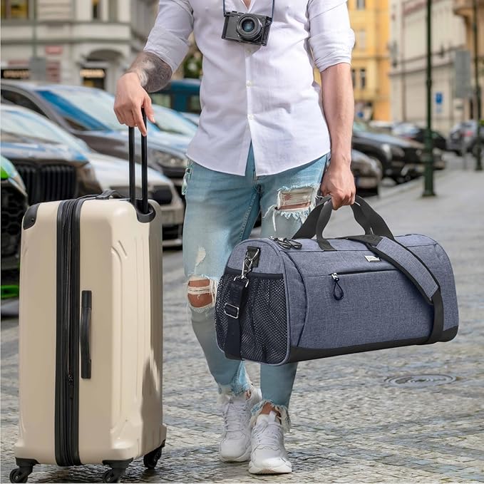 TOPDesign Gym Bag for Women & Men, Unisex Duffel Bag with Shoe Compartment & Wet Pocket for Travel Sports Gym (L Textured Blue)