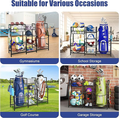 Sports Equipment Organizer Golf Bag Stand Golf Storage Organizer for Garage with Basket and Hooks, Storage Rack for 2 Golf Bag,Two Assembly Methods