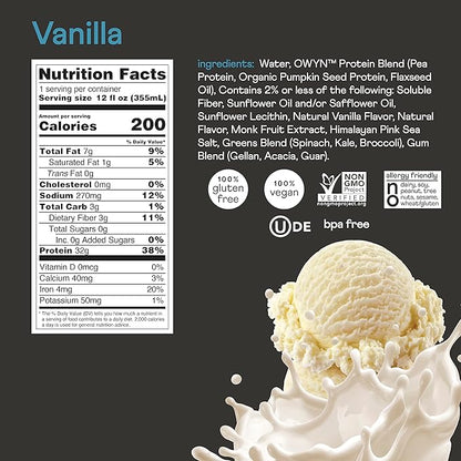 OWYN Only What You Need Pro Elite Vegan Plant Based High Protein Shake, Vanilla, 12 Pack, 32g Protein, Amino Acids, Prebiotics, Omega-3, Workout and Recovery, 0g Net Carbs, Zero Sugar, Keto