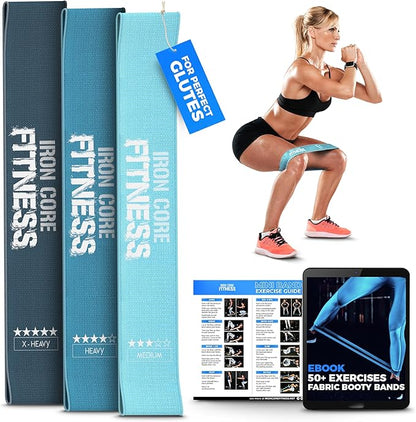 Fabric Mini Resistance Bands Sets for Trainers, Bootcamp, Gym for Men and Women in Fun Colors - Ebook, Videos and Workout Chart Included by Iron Core Fitness