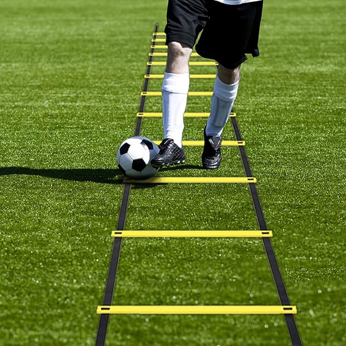 Pro Speed & Agility Training Set—Includes 12 Rung 20ft Adjustable Agility Ladder with Carrying Bag, 12 Disc Cones, 4 Steel Stakes, 1 Resistance Parachute, Use Equipment to Improve Footwork Any Sport