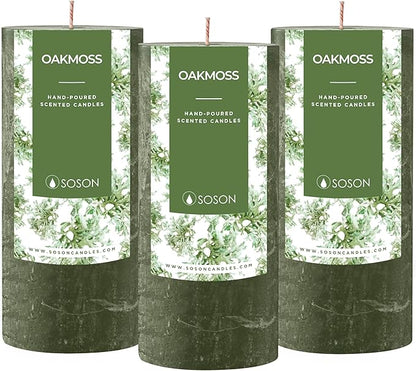 Simply Soson 3x6 inch Dark Moss Green Rustic Oakmoss Pillar Scented Candle - 3 Pack - for Home Decor, Aromatherapy, Weddings, Restaurants, Spa,