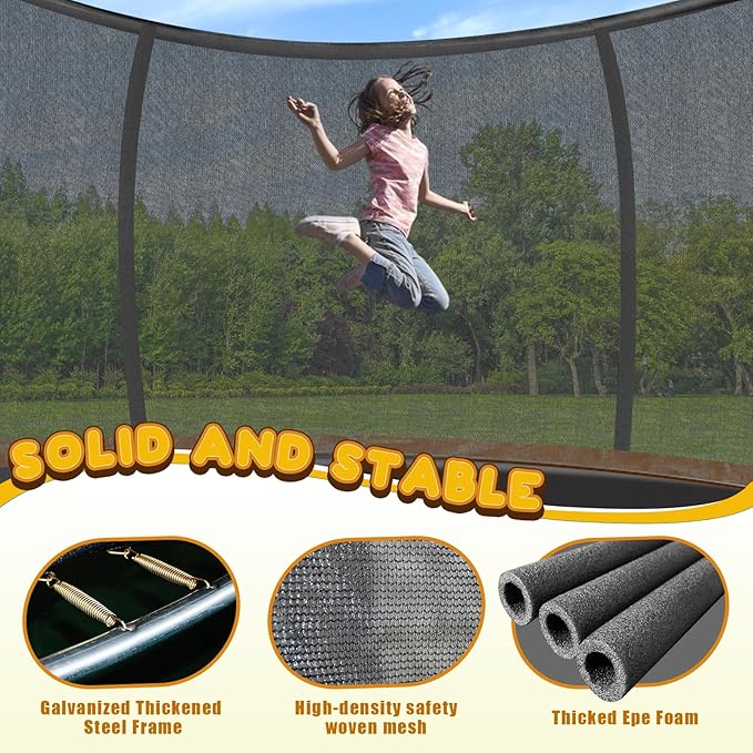 Trampoline 12FT 14FT 15FT 16FT for Kids/Adults - Outdoor Recreational with Enclosure Net Curved Poles and Ladder, Heavy Duty Anti-Rust Coating, ASTM Approval