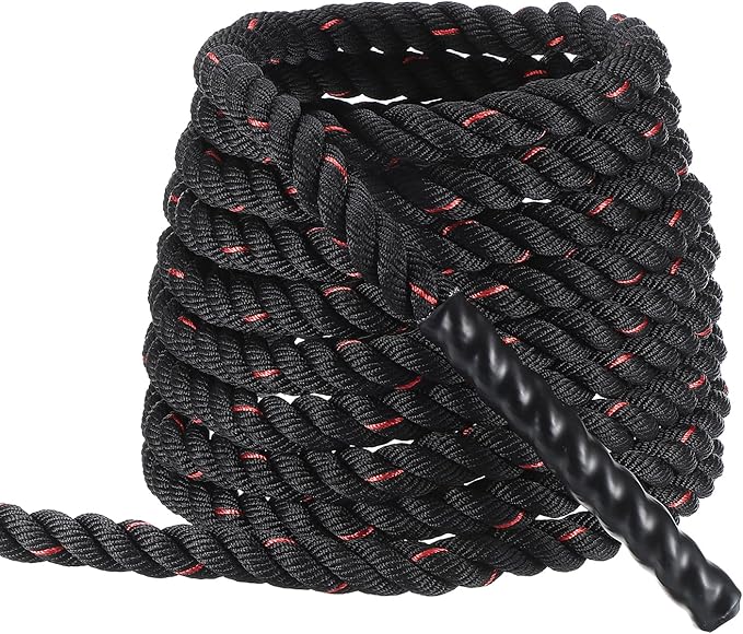 MECCANIXITY Battle Rope 30ft x 1 Inch Polyester Workout Rope Heavy Fitness Exercise Rope for Strength Training Home Gym Muscle Building, Black Red